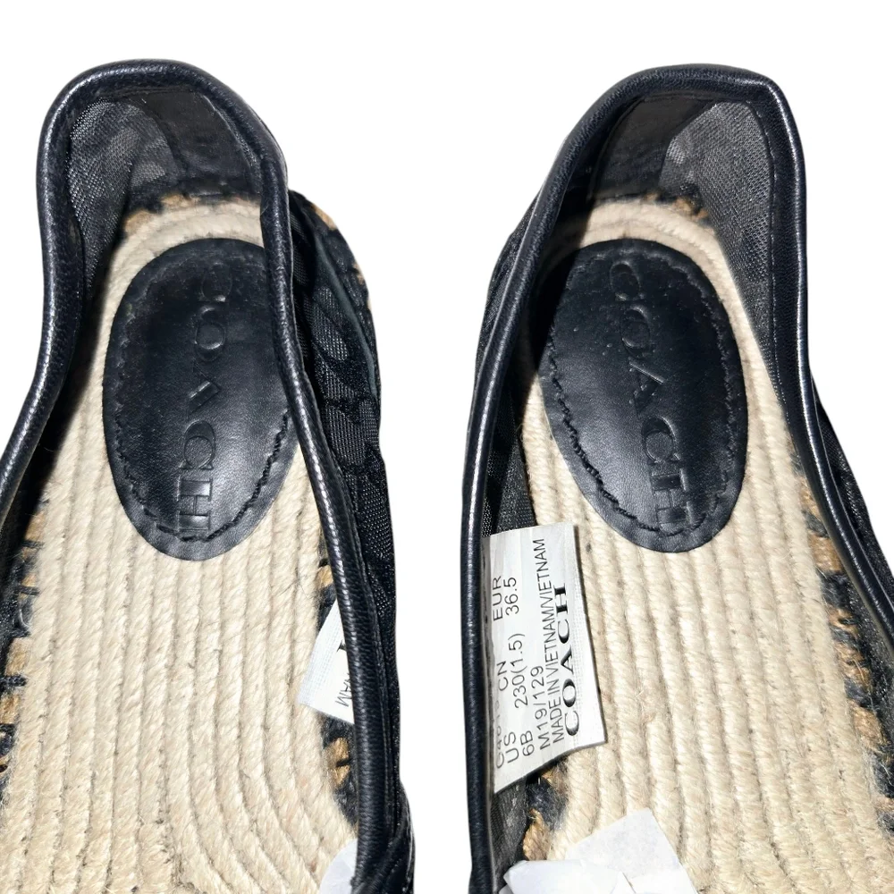 Coach Cleo Black Logo Round Leather Cap Toe Mesh Slip-On‎ Espadrilles